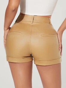 SHEIN PETITE High Waisted Slant Pocket Denim Shorts - Khaki - View 2