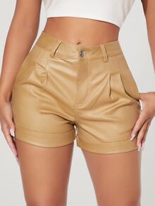 SHEIN PETITE High Waisted Slant Pocket Denim Shorts - Khaki - View 3