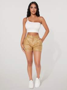 SHEIN PETITE High Waisted Slant Pocket Denim Shorts - Khaki - View 4