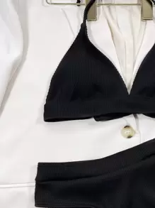 Summer Beach Rib High Waisted Bikini Set - Black - View 4