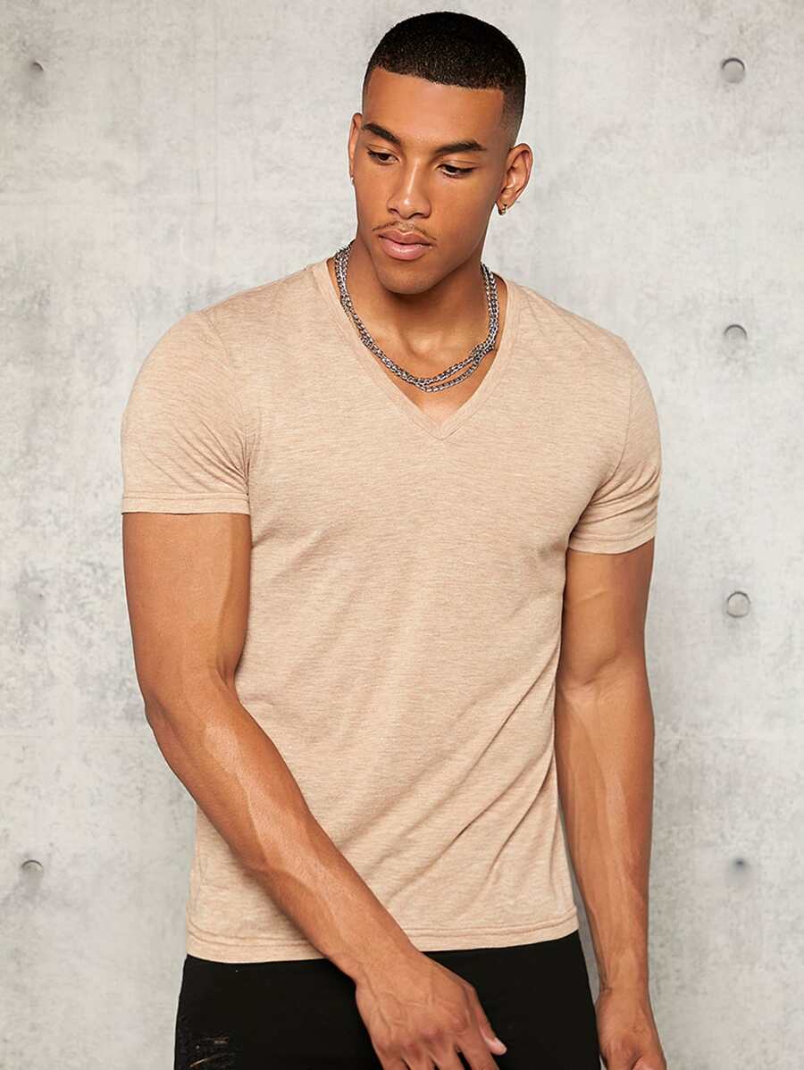 Manfinity VCAY Men T-Shirts V Neck Short Sleeve Plain Simple Fashion Men Clothes Summer Knit Top - Apricot - View 1