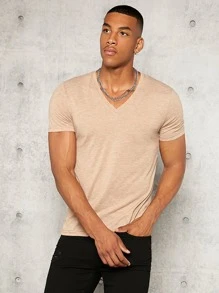 Manfinity VCAY Men T-Shirts V Neck Short Sleeve Plain Simple Fashion Men Clothes Summer Knit Top - Apricot - View 4