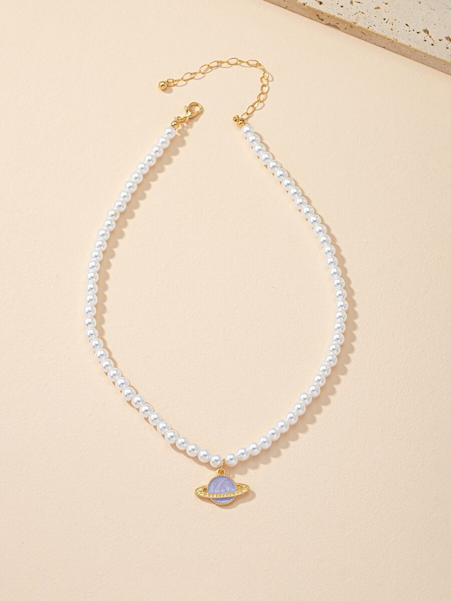 Planet Charm Faux Pearl Beaded Necklace - Multicolor - View 1