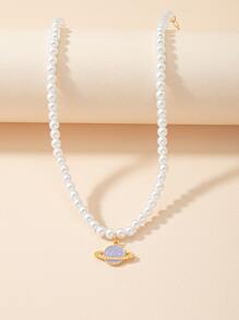 Planet Charm Faux Pearl Beaded Necklace - Multicolor - View 2
