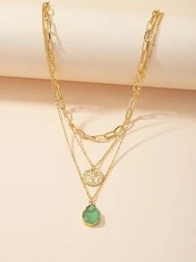 Round & Water-drop Charm Layered Necklace - Multicolor - View 1