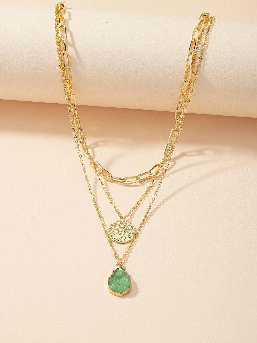 Round & Water-drop Charm Layered Necklace - Multicolor - View 1