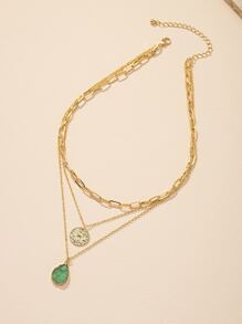 Round & Water-drop Charm Layered Necklace - Multicolor - View 2