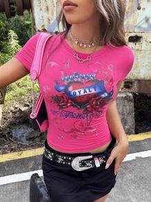 ROMWE PUNK Letter & Floral Print Tee - Hot Pink - View 1