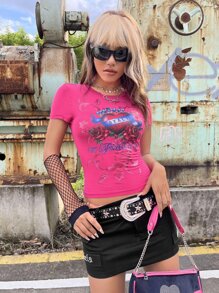 ROMWE PUNK Letter & Floral Print Tee - Hot Pink - View 2