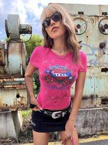 ROMWE PUNK Letter & Floral Print Tee - Hot Pink - View 6