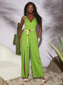SHEINNeu Ring Linked Split Thigh Belted Jumpsuit - Lime Green - View 2