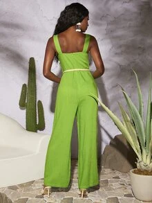 SHEINNeu Ring Linked Split Thigh Belted Jumpsuit - Lime Green - View 3
