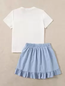 SHEIN EZwear 豹紋印花T恤和裹身半身裙套裝 - 藍白色 - 查看 2