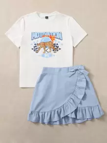 SHEIN EZwear 豹紋印花T恤和裹身半身裙套裝 - 藍白色 - 查看 5