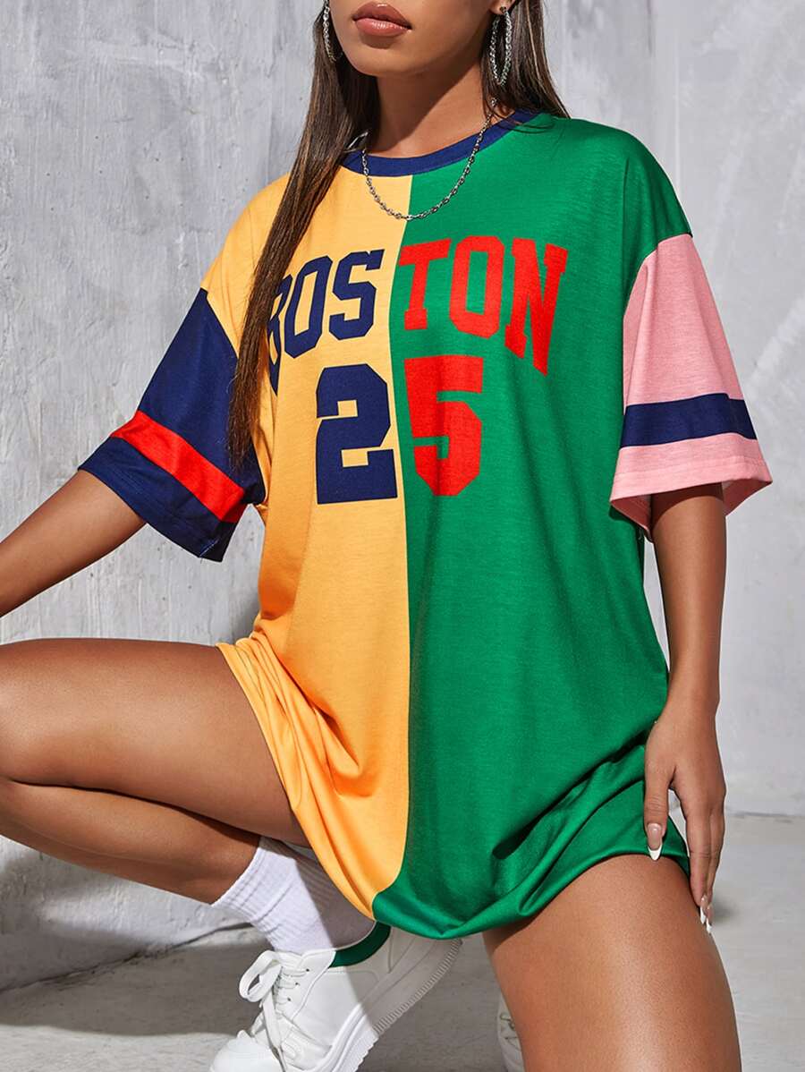 Muchica 撞色字母和數字圖案落肩袖洋裝 - 彩色 - 查看 1