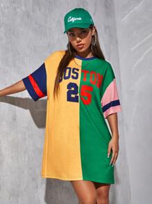 Muchica 撞色字母和數字圖案落肩袖洋裝 - 彩色 - 查看 4