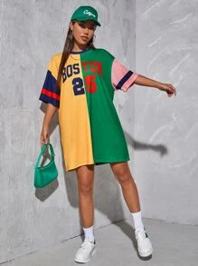 Muchica 撞色字母和數字圖案落肩袖洋裝 - 彩色 - 查看 5