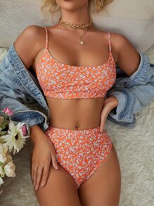小花比基尼泳裝，適於夏季沙灘活動 - 橘色 - 查看 1