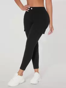 SHEIN PETITE Quần Skinny Eo Cao Có Túi Bên Hông Nữ Xuân Hè Màu Trơn - màu đen - Xem 1