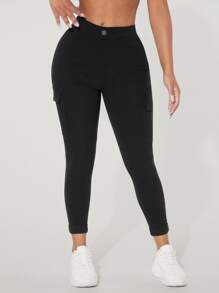 SHEIN PETITE Quần Skinny Eo Cao Có Túi Bên Hông Nữ Xuân Hè Màu Trơn - màu đen - Xem 4