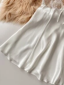 SilkySpell Bow Front Lace Trim Satin Babydoll Sexy Lingerie Dress Bow Tie - White - View 3