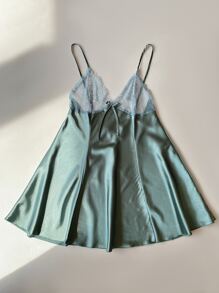 Vestido de lencería sexy con lazo frontal, adorno de encaje y satén
