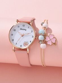 Đồng hồ thạch anh 1pc Kids Bear Print & 1pc Bracelet - Hồng - Xem 1
