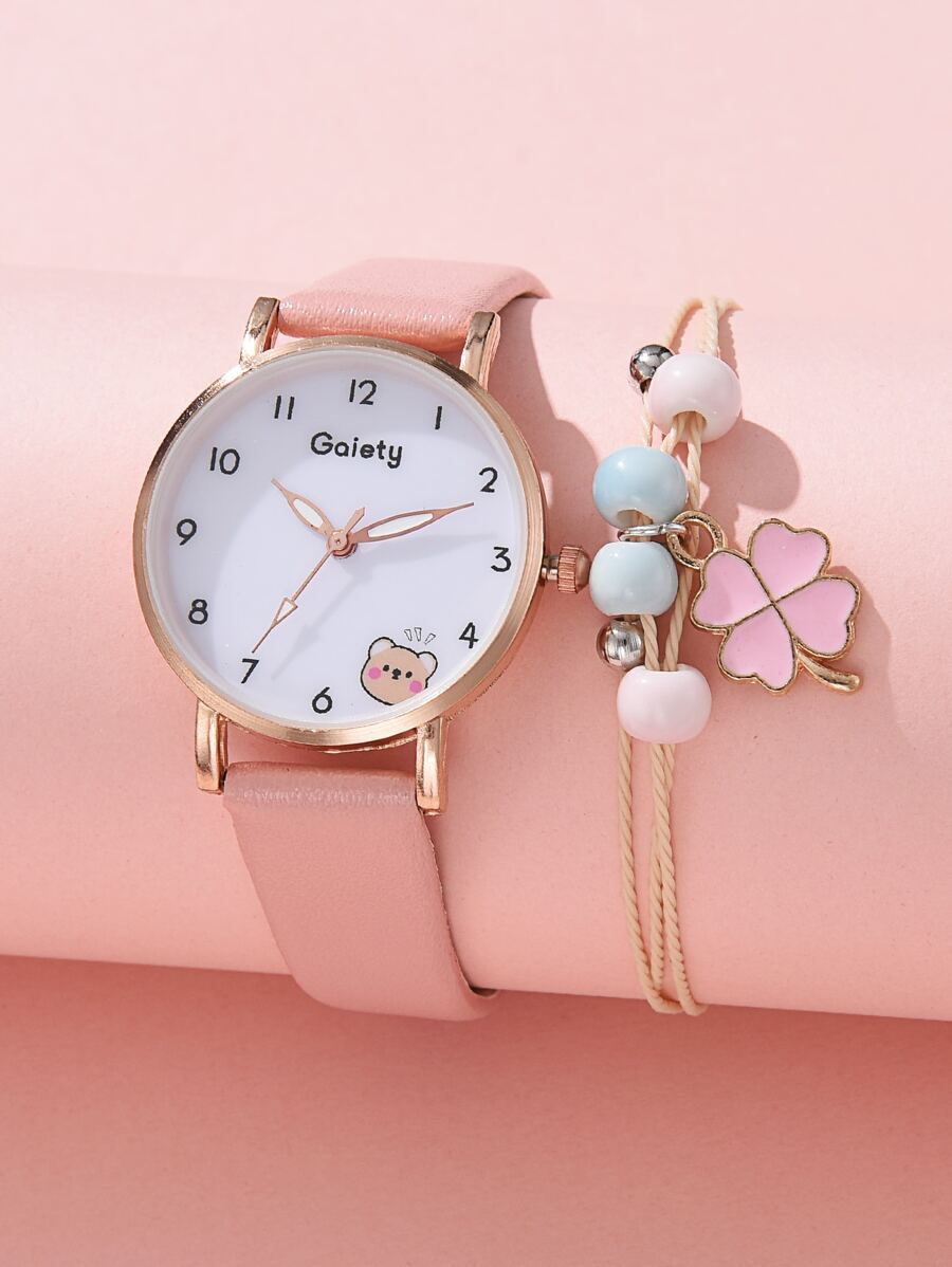 Đồng hồ thạch anh 1pc Kids Bear Print & 1pc Bracelet - Hồng - Xem 1