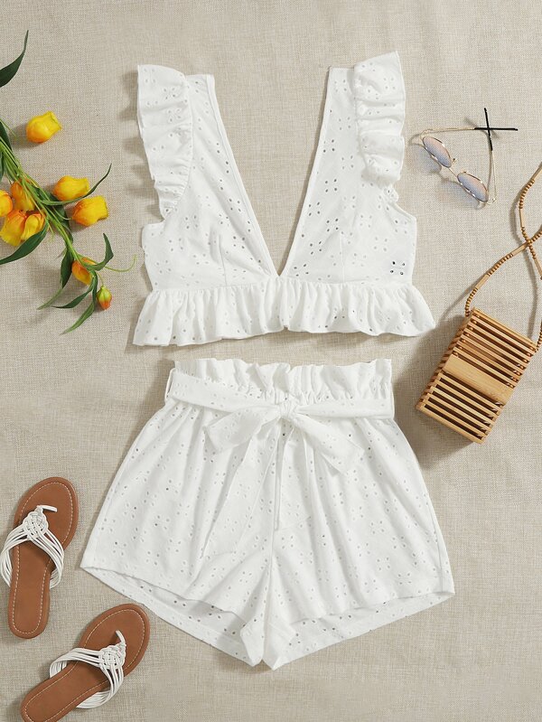 SHEIN WYWH Eyelet Embroidery Ruffle Top & Paperbag Waist Belted Shorts ...