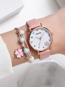 Đồng hồ thạch anh 1pc Kids Bear Print & 1pc Bracelet - Hồng - Xem 2
