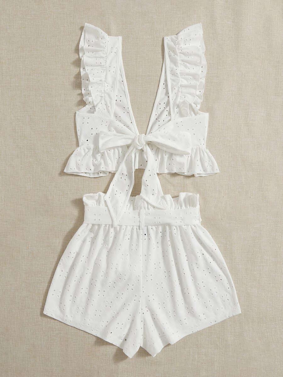 SHEIN WYWH Eyelet Embroidery Ruffle Top & Paperbag Waist Belted Shorts ...