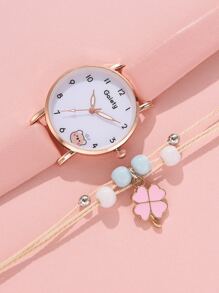 Đồng hồ thạch anh 1pc Kids Bear Print & 1pc Bracelet - Hồng - Xem 3