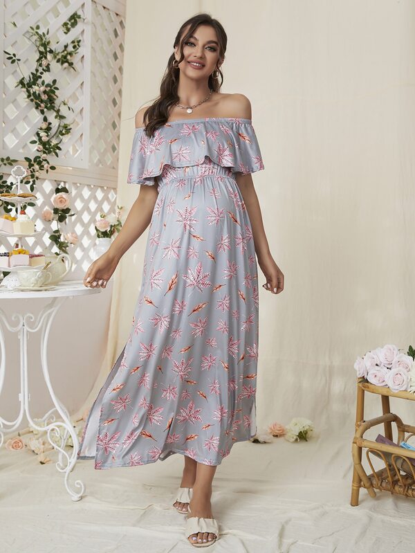 DEARCASE 孕婦樹葉印花一字肩荷葉邊連衣裙