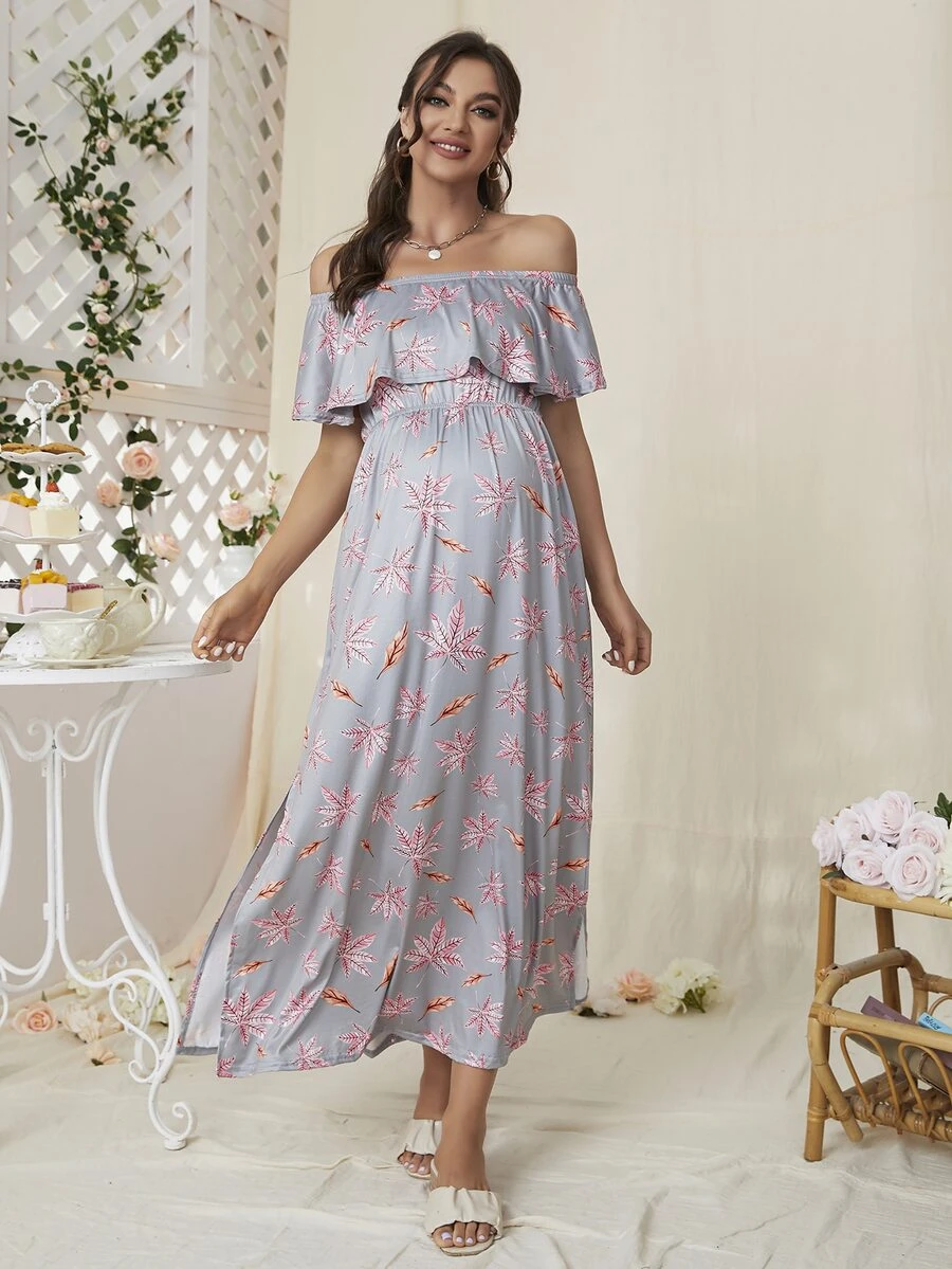 DEARCASE 孕婦樹葉印花一字肩荷葉邊連衣裙