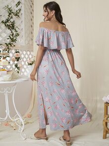 DEARCASE 孕婦樹葉印花一字肩荷葉邊連衣裙