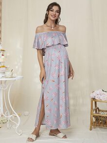 DEARCASE 孕婦樹葉印花一字肩荷葉邊連衣裙