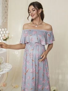 DEARCASE 孕婦樹葉印花一字肩荷葉邊連衣裙