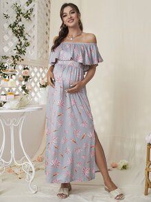 DEARCASE 孕婦樹葉印花一字肩荷葉邊連衣裙