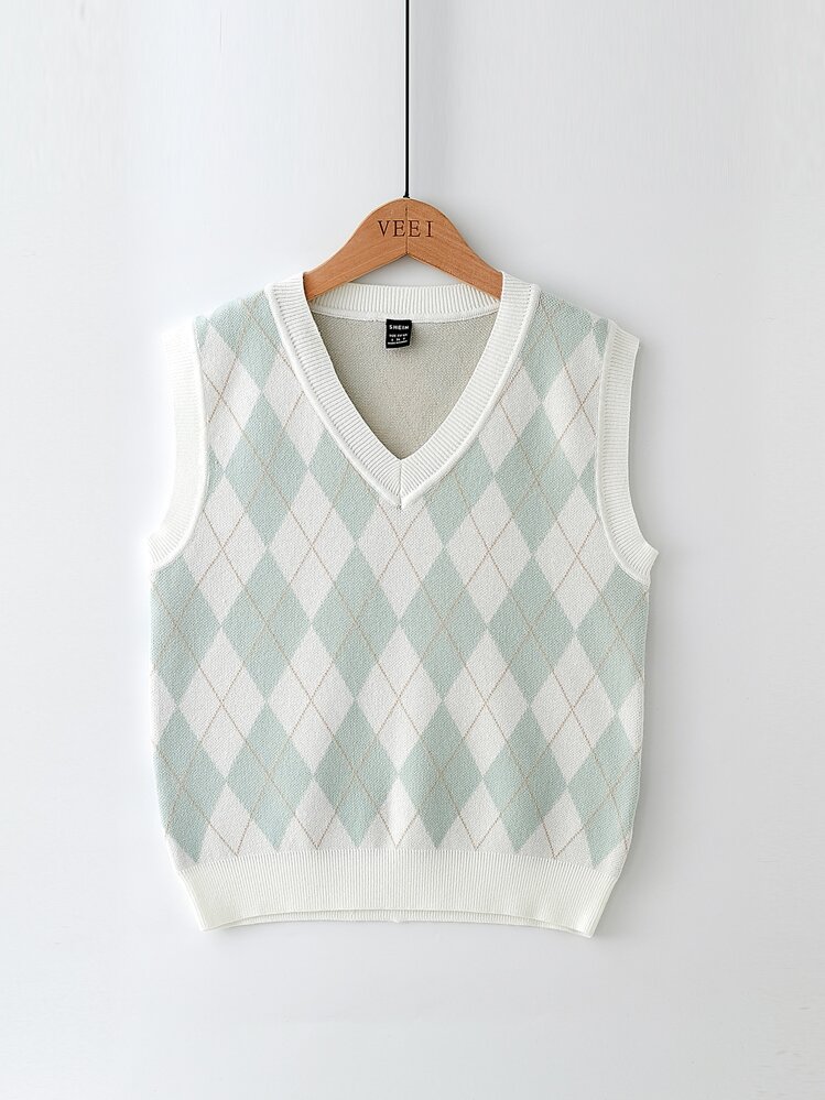 SHEIN Adolescent Fille Pull Sans Manches Motif Losange - Multicolore - Voir 1