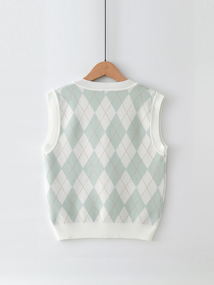 SHEIN Adolescent Fille Pull Sans Manches Motif Losange - Multicolore - Voir 2