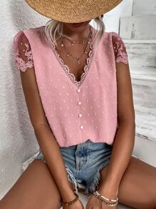 Breezaya Swiss Dot Guipure Lace Detail Contrast Embroidered Mesh Blouse - Dusty Pink - View 1