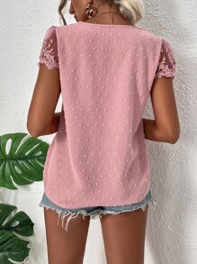 Breezaya Swiss Dot Guipure Lace Detail Contrast Embroidered Mesh Blouse - Dusty Pink - View 2