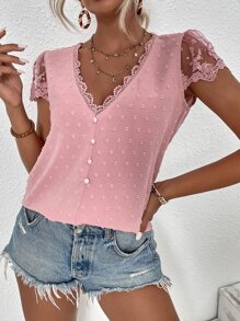 Breezaya Swiss Dot Guipure Lace Detail Contrast Embroidered Mesh Blouse - Dusty Pink - View 3