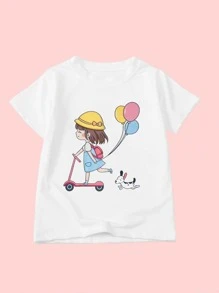 SHEIN Young Girl Cartoon Girl Print Tee - White - View 1