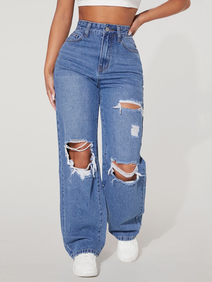 SHEIN PETITE High Waist Ripped Straight Leg Jeans - Medium Wash - View 1