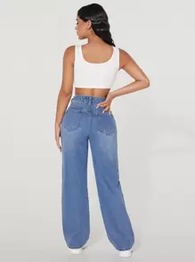 SHEIN PETITE High Waist Ripped Straight Leg Jeans - Medium Wash - View 2