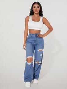 SHEIN PETITE High Waist Ripped Straight Leg Jeans - Medium Wash - View 3