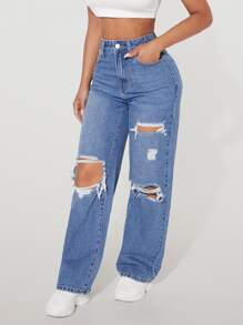 SHEIN PETITE High Waist Ripped Straight Leg Jeans - Medium Wash - View 4