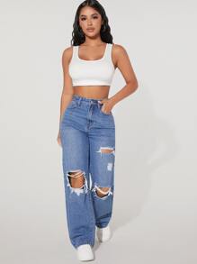 SHEIN PETITE High Waist Ripped Straight Leg Jeans - Medium Wash - View 5