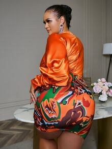 Glamaker Vestido ajustado con estampado geométrico con abertura girante delantero - Naranja - Ver 2